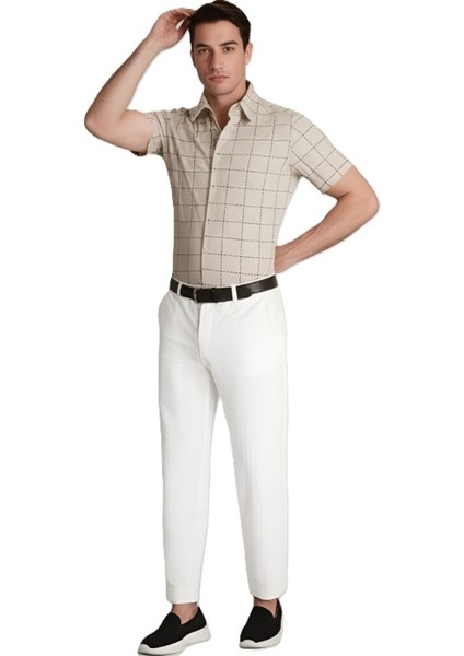Bej Renkli Slim Fit Kısa Kollu Gömlek