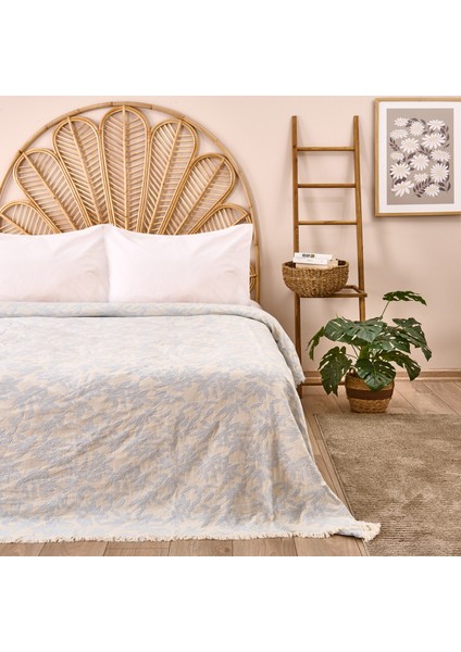 Soft Çiçek Desenli Çift Kişilik Yatak Örtüsü - Mavi - 225x250 cm