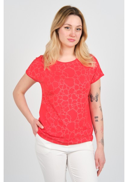 Kadın Kısa Kollu Taş Süslemeli Bisiklet Yaka Bluz 24227 Kırmızı