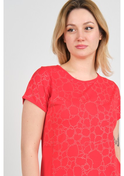 Kadın Kısa Kollu Taş Süslemeli Bisiklet Yaka Bluz 24227 Kırmızı modelleri