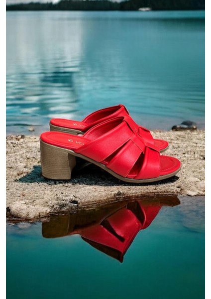 Kırmızı Hakiki Deri Bant Detaylı Topuklu Comfort Taban Terlik