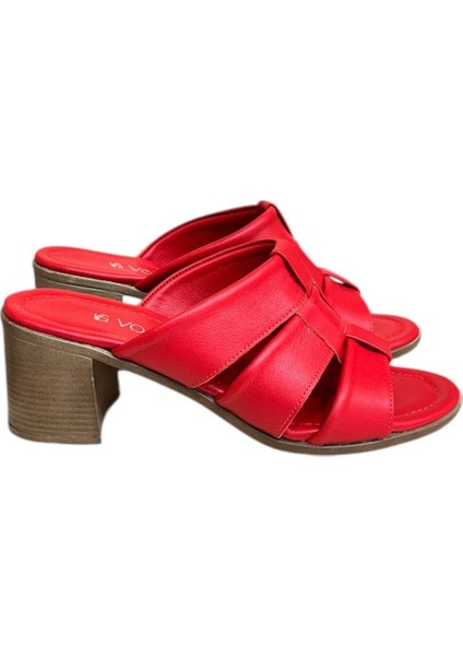 Kırmızı Hakiki Deri Bant Detaylı Topuklu Comfort Taban Terlik fiyatları