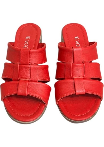 Kırmızı Hakiki Deri Bant Detaylı Topuklu Comfort Taban Terlik modelleri