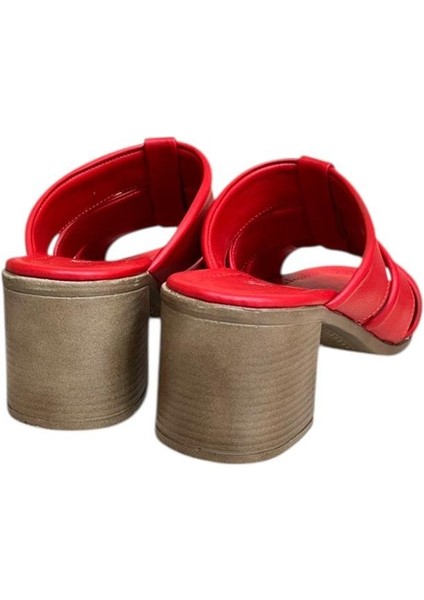 Kırmızı Hakiki Deri Bant Detaylı Topuklu Comfort Taban Terlik fırsatları