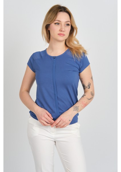 Kadın Sırt ve Omzu Tül Detaylı Beli Lastikli Bisiklet Yaka Bluz 23064 Indigo