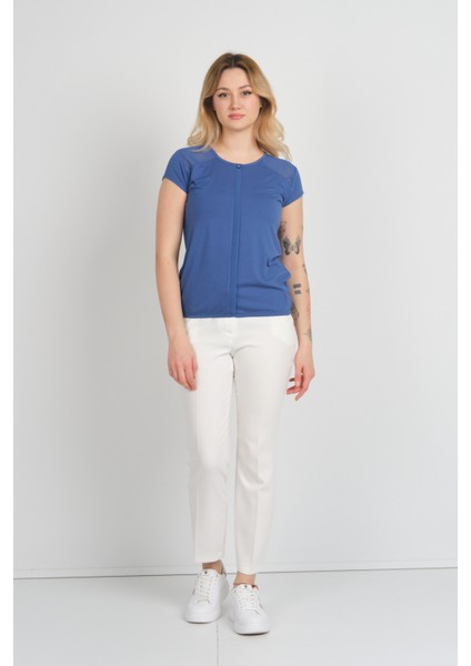 Kadın Sırt ve Omzu Tül Detaylı Beli Lastikli Bisiklet Yaka Bluz 23064 Indigo fiyatları