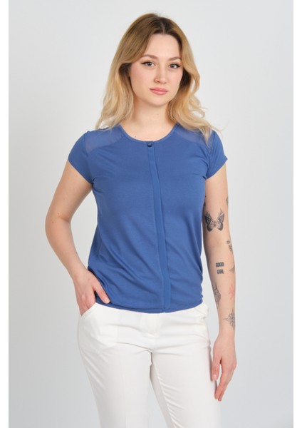 Kadın Sırt ve Omzu Tül Detaylı Beli Lastikli Bisiklet Yaka Bluz 23064 Indigo modelleri