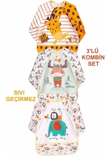 3 Lü Kombin(Zürafa-Aslan-Geyik) Set (Sıvı Geçirmez) Mama Önlüğü