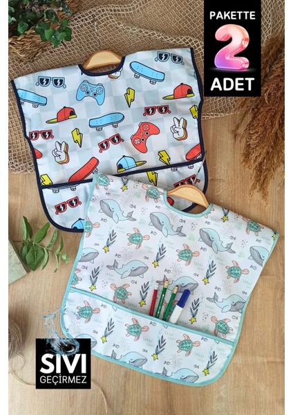 Sıvı Geçirmez Kolsuz 6-24 Ay 2'li Aktivite ve Mama Önlüğü ( Play-Dolphin)