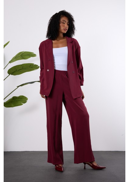 Bordo Regular Beli Lastikli Salaş Pantolon