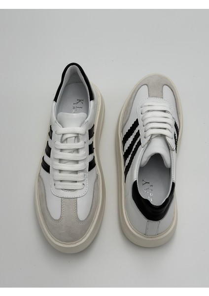 Hakiki Deri Kadın Sneaker Bağcıklı Kaydırmaz Taban Şeritli Spor Ayakkabı