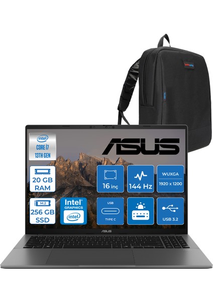 Vivobook WS3607VA S16 Intel Core I7 13620H-20GB DDR5-256GB Ssd-16" Wuxga IPS 300NITS 144Hz Freedos Taşınabilir Bilgisayar ZRP077F06+ZETTAÇANTA