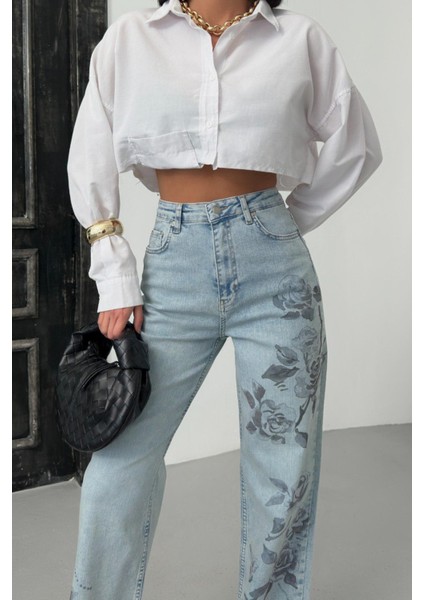 7869 Wide Leg Kadın Gül Baskılı Jean Pantolon fiyatları