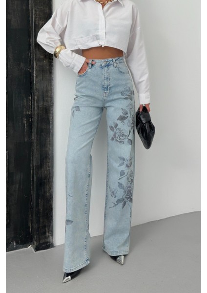 7869 Wide Leg Kadın Gül Baskılı Jean Pantolon modelleri