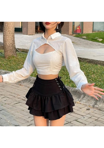 Çift Taraflı Bağcıklı Siyah Gotik Etek