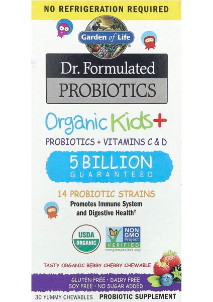 Dr. Formulated Probiotics, Organic Kids + Probiotics + Vitamins C & D, Tasty Organic Berry Cherry, 30 Yummy Chewables