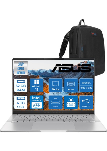 Vivobook WS3407VA S14 Intel Core I5 13420H-32GB Ddr5-4tb Ssd-14" Wuxga IPS 300NITS Windows 11 Home Taşınabilir Bilgisayar ZLY045H20+ZETTAÇANTA