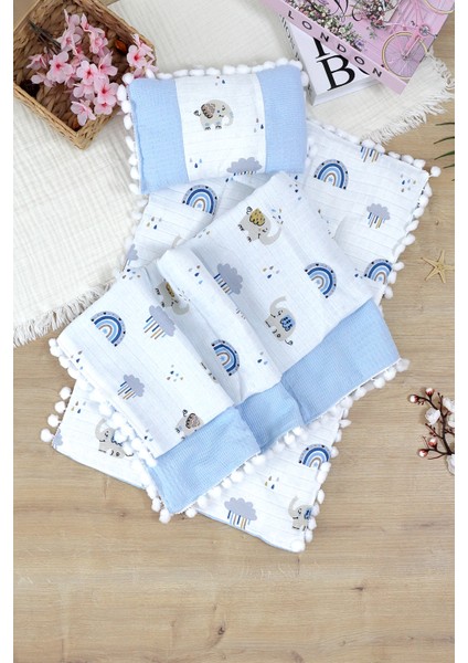 Erkek Bebek Müslin Pike Tabanlı Battaniye Yastıklı 3 Lü Alt Açma Seti STL7007