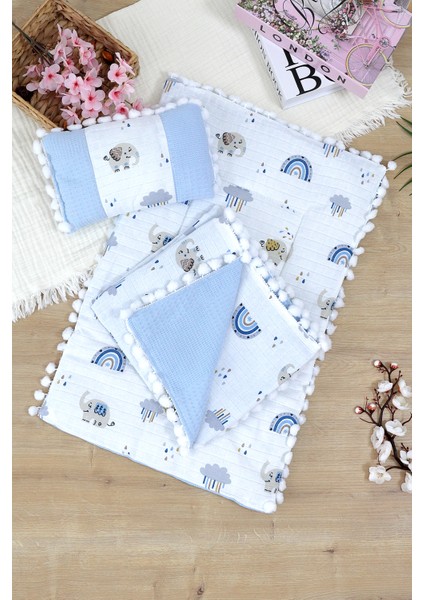 Erkek Bebek Müslin Pike Tabanlı Battaniye Yastıklı 3 Lü Alt Açma Seti STL7007 fiyatları