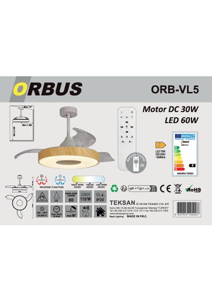 Orb-Vl5 Fan Ceılıng 30W LED 60W Metal