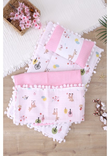 Kız Bebek Müslin Pike Tabanlı Battaniye Yastıklı 3 Lü Alt Açma Seti STL7008