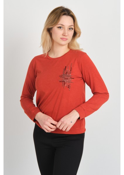 Kadın Taş ve Boncuk Süslemeli Uzun Kollu Bluz 24589 Kiremit