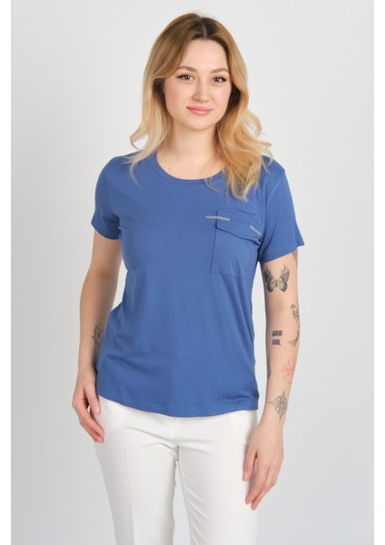Kadın Kapak Cepli Bisiklet Yaka Kısa Kollu Bluz 4144 Indigo