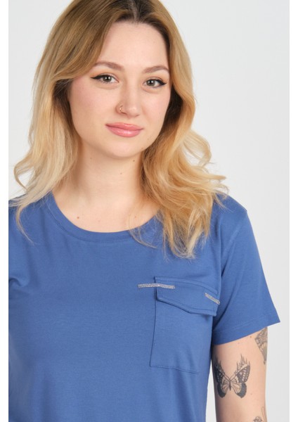 Kadın Kapak Cepli Bisiklet Yaka Kısa Kollu Bluz 4144 Indigo modelleri