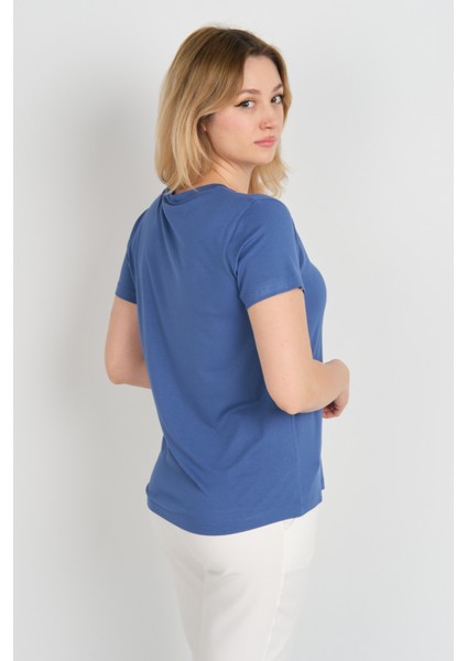 Kadın Kapak Cepli Bisiklet Yaka Kısa Kollu Bluz 4144 Indigo fırsatları