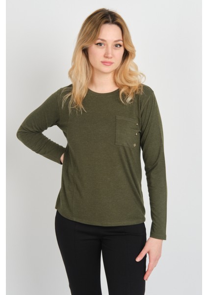 Kadın Tek Cepli Bisiklet Yaka Uzun Kol Bluz 24525 Haki