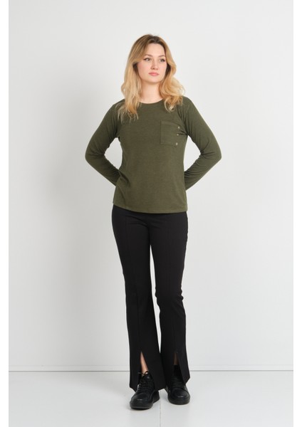 Kadın Tek Cepli Bisiklet Yaka Uzun Kol Bluz 24525 Haki fiyatları