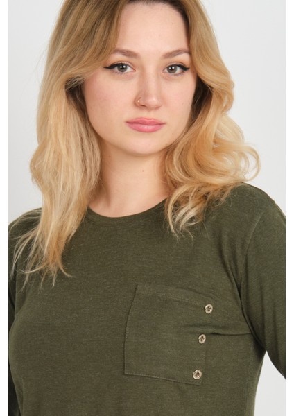 Kadın Tek Cepli Bisiklet Yaka Uzun Kol Bluz 24525 Haki modelleri