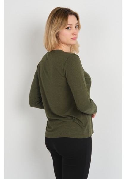 Kadın Tek Cepli Bisiklet Yaka Uzun Kol Bluz 24525 Haki fırsatları