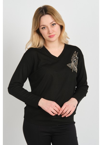 Kadın Pul ve Boncuk Işlemeli V Yaka Uzun Kol Bluz 24578 Siyah