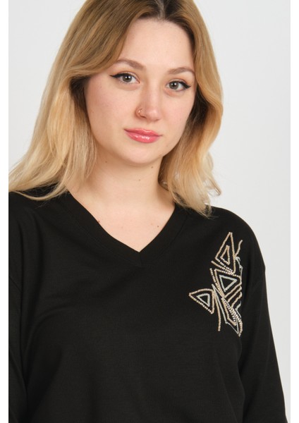 Kadın Pul ve Boncuk Işlemeli V Yaka Uzun Kol Bluz 24578 Siyah modelleri