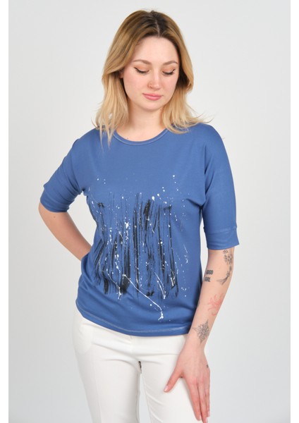 Kadın Bisiklet Yaka Desenli Yaka ve Etek Ucu Parlak Şeritli Bluz 24244 Indigo