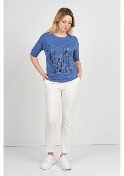 Kadın Bisiklet Yaka Desenli Yaka ve Etek Ucu Parlak Şeritli Bluz 24244 Indigo fiyatları