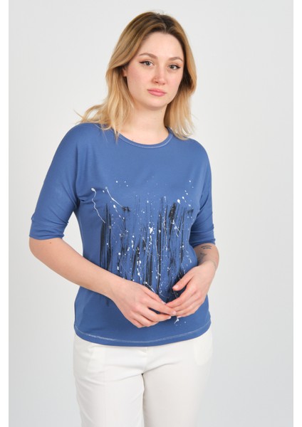 Kadın Bisiklet Yaka Desenli Yaka ve Etek Ucu Parlak Şeritli Bluz 24244 Indigo modelleri