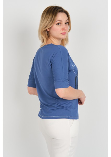 Kadın Bisiklet Yaka Desenli Yaka ve Etek Ucu Parlak Şeritli Bluz 24244 Indigo fırsatları