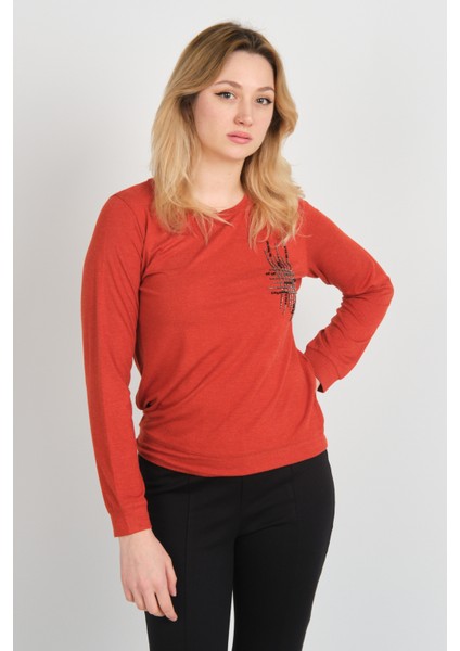 Kadın Taş ve Boncuk Süslemeli Uzun Kollu Bluz 24589 Kiremit modelleri