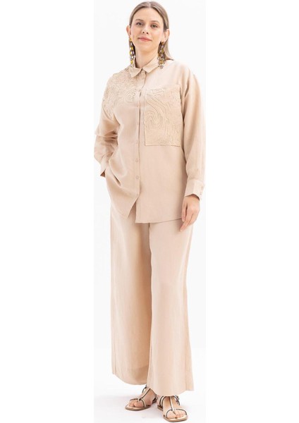 Kadın Nakış Detaylı Keten Pantolonlu Takım