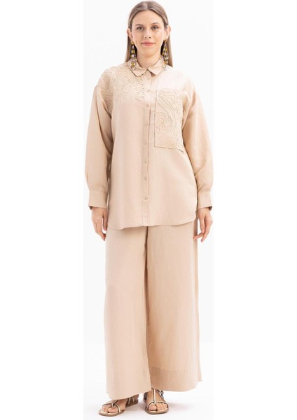 Kadın Nakış Detaylı Keten Pantolonlu Takım fiyatları