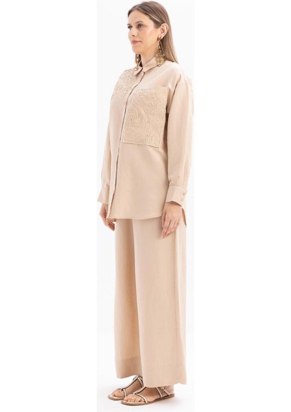 Kadın Nakış Detaylı Keten Pantolonlu Takım modelleri