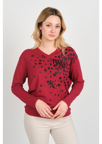 Kadın V Yaka Desenli Uzun Kol Bluz 24579 Bordo