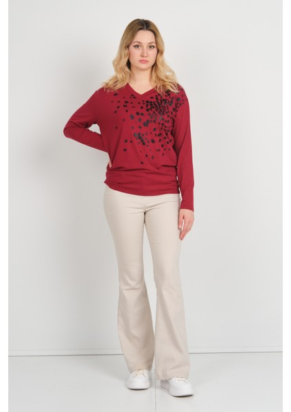 Kadın V Yaka Desenli Uzun Kol Bluz 24579 Bordo fiyatları