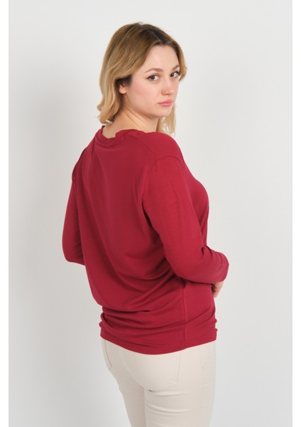 Kadın V Yaka Desenli Uzun Kol Bluz 24579 Bordo fırsatları