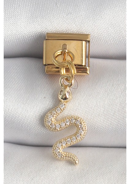 316L Çelik Gold Renk Sallantı Zirkon Taşlı Yılan Model Nomination Charm