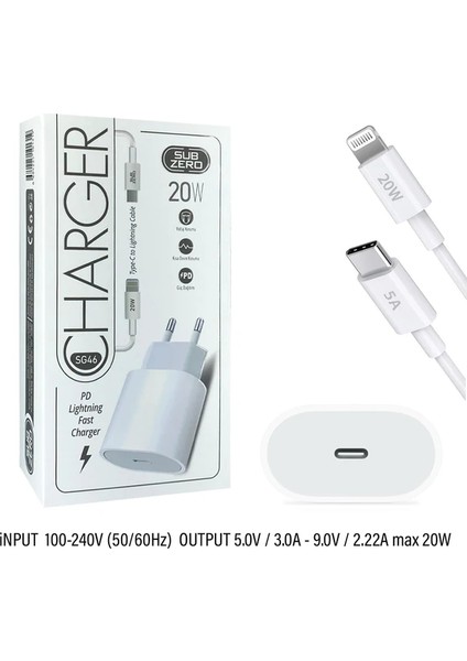 Hızlı Şarj Aleti 20W Apple iPhone iPad Uyumlu Lightning Kablo Subzero SG46