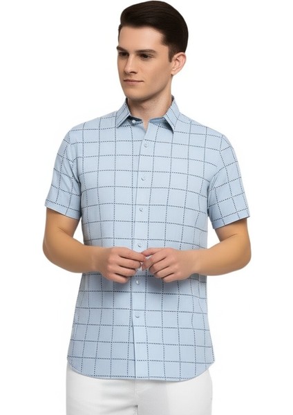 Mavi Renkli Slim Fit Kısa Kollu Gömlek