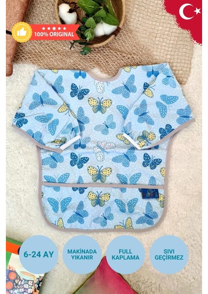 Butterfly Desenli Sıvı Geçirmez Unisex Aktivite ve Mama Önlüğü 6-24 Ay